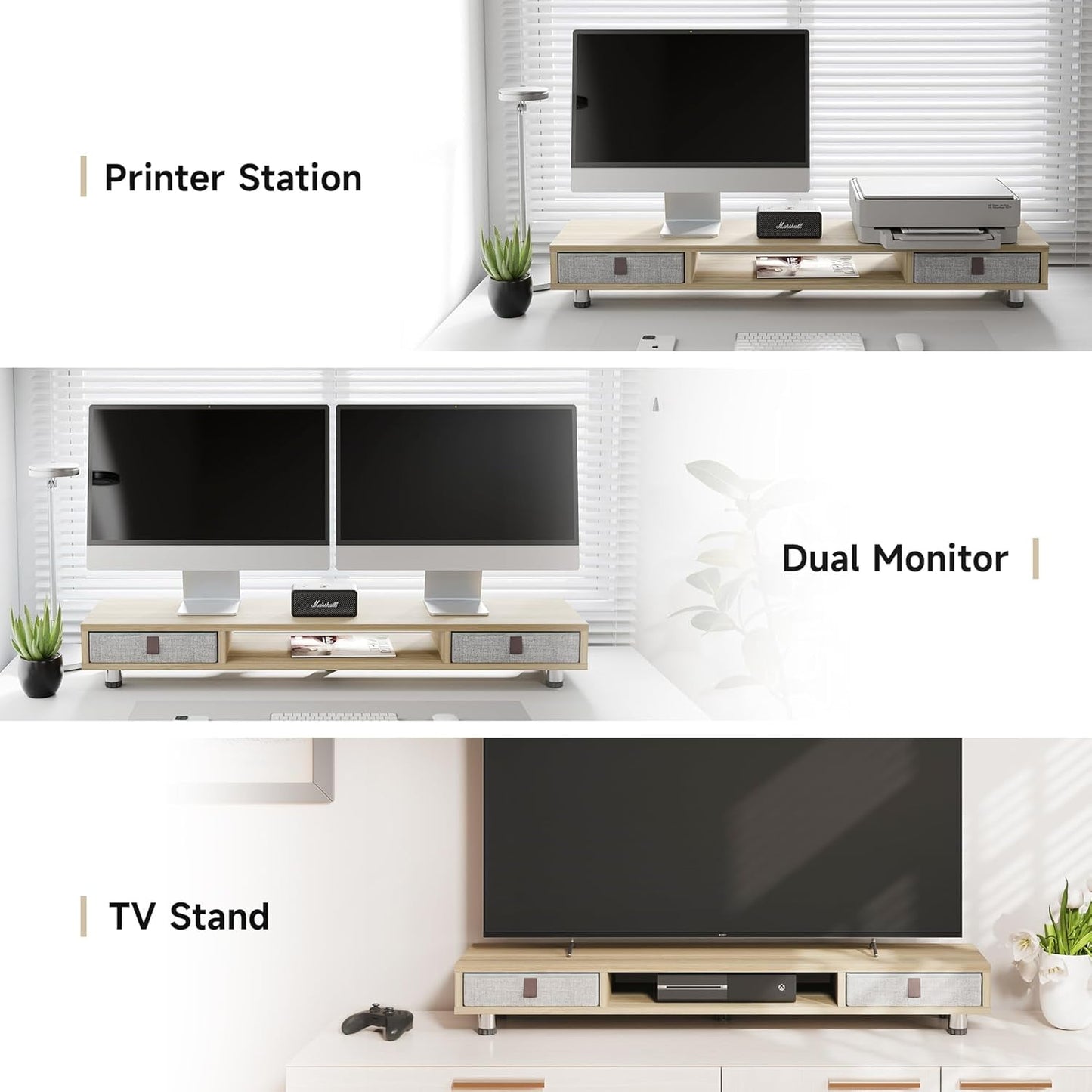 Fenge - Monitor Stand, Dual Monitor Stand with 2 Drawers, Monitor Riser for 2 Monitors, Adjustable Height Computer Stand, Office Monitor Stands for Desk, Laptop, PC, TV, Printer - Serious Techies
