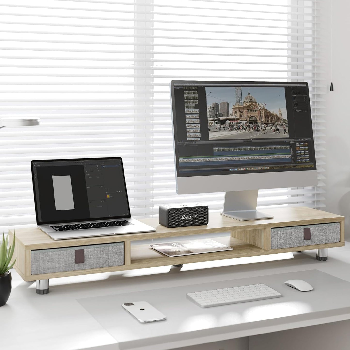 Fenge - Monitor Stand, Dual Monitor Stand with 2 Drawers, Monitor Riser for 2 Monitors, Adjustable Height Computer Stand, Office Monitor Stands for Desk, Laptop, PC, TV, Printer - Serious Techies