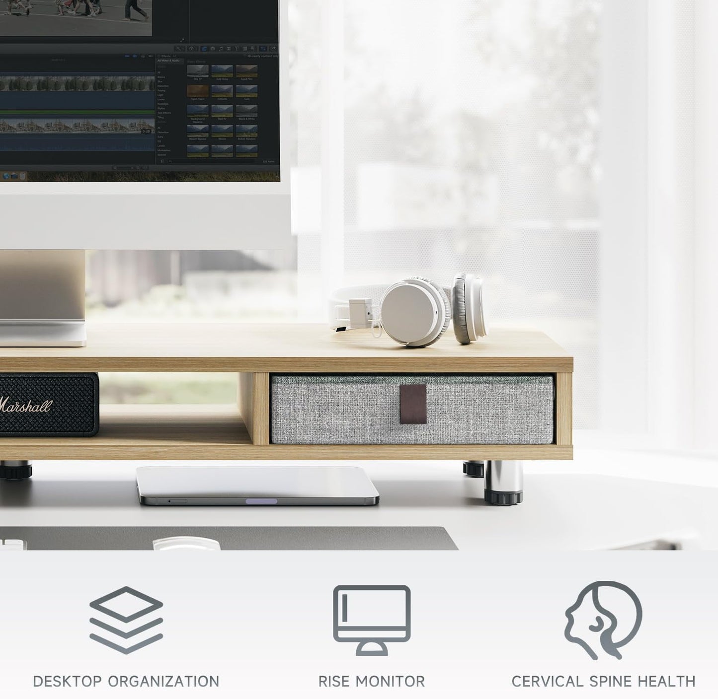 Fenge - Monitor Stand, Dual Monitor Stand with 2 Drawers, Monitor Riser for 2 Monitors, Adjustable Height Computer Stand, Office Monitor Stands for Desk, Laptop, PC, TV, Printer - Serious Techies