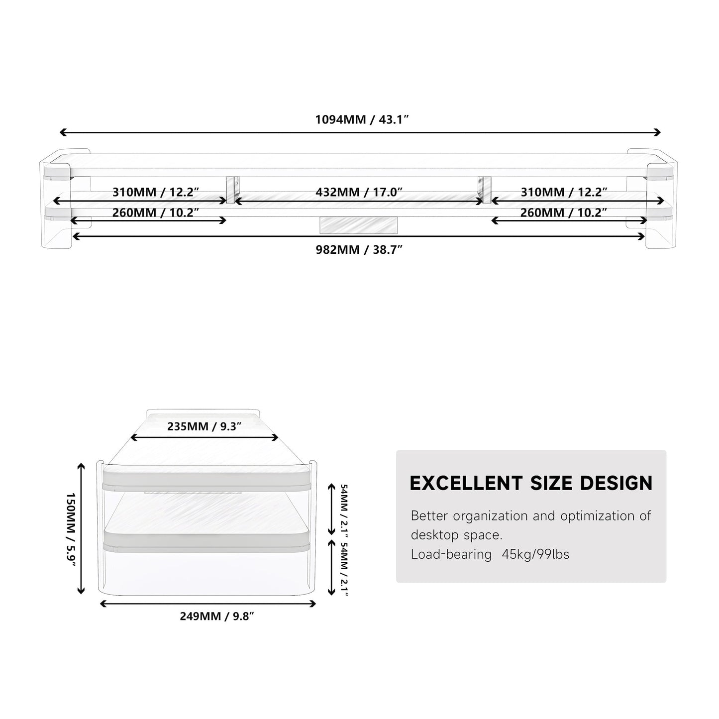 Fenge - Acrylic Monitor Stand Riser, 43.1 Inch Clear Dual Acrylic Computer Monitor Stand for 2 Monitors - Serious Techies