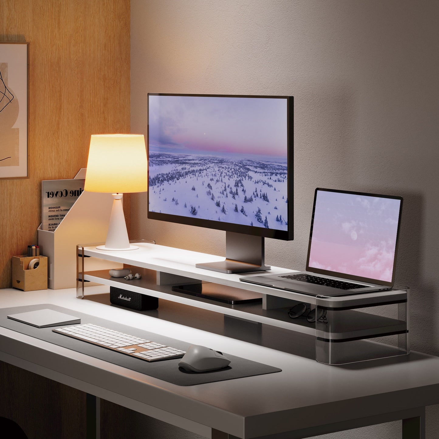 Fenge - Acrylic Monitor Stand Riser, 43.1 Inch Clear Dual Acrylic Computer Monitor Stand for 2 Monitors - Serious Techies