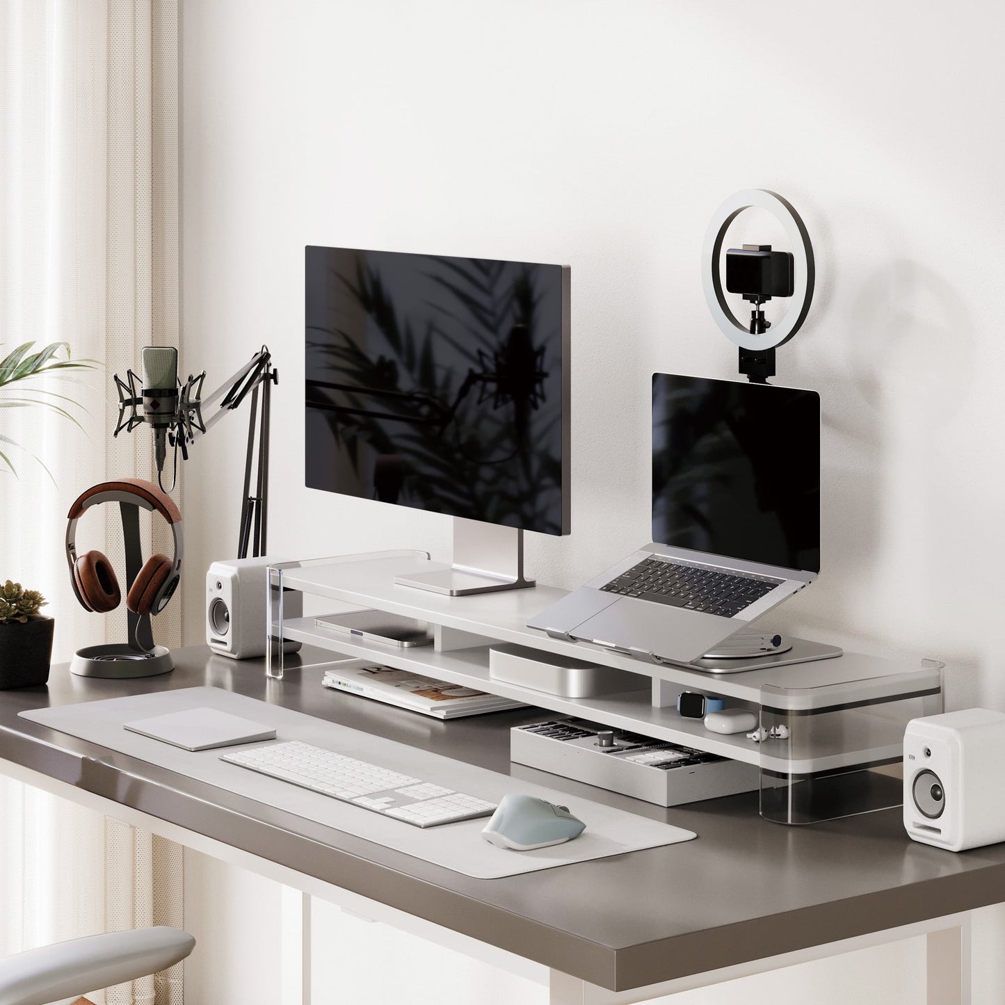 Fenge - Acrylic Monitor Stand Riser, 43.1 Inch Clear Dual Acrylic Computer Monitor Stand for 2 Monitors - Serious Techies