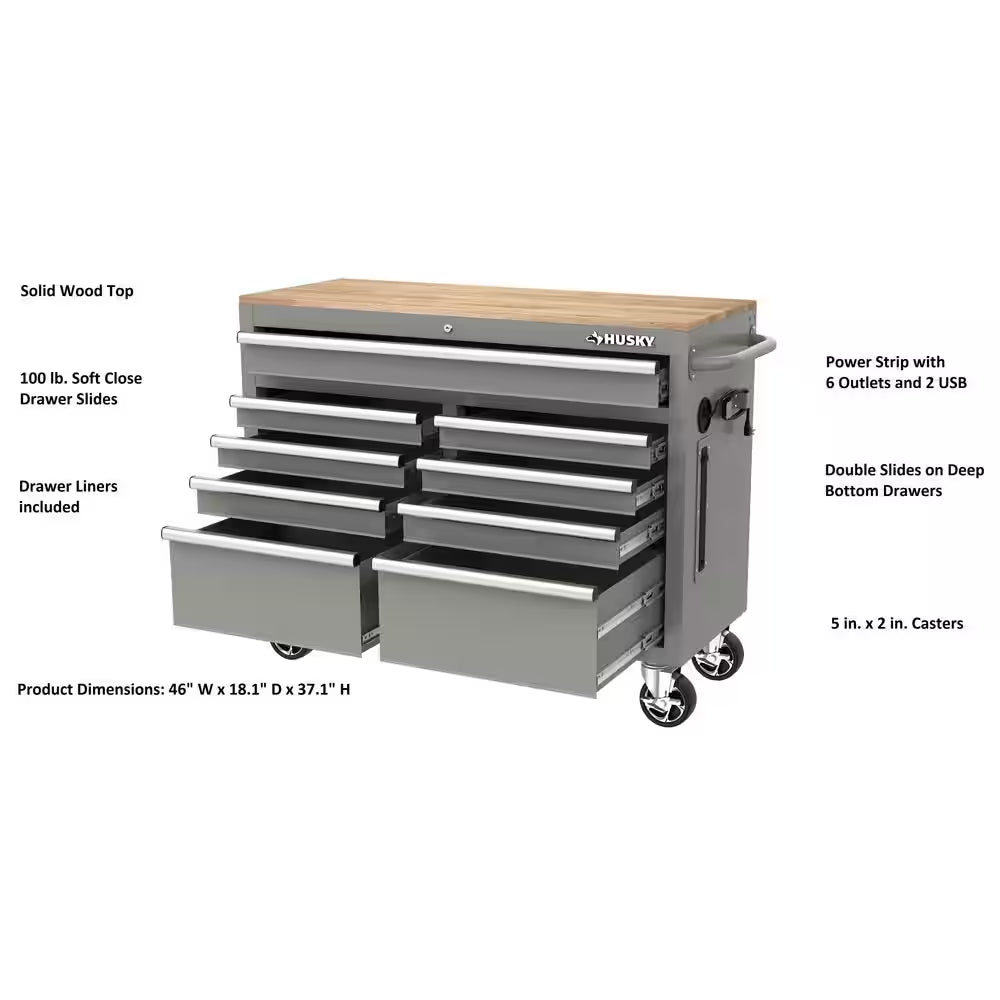HUSKY - Tool Storage 46 In. W Gloss Gray Mobile Workbench Cabinet - Serious Techies