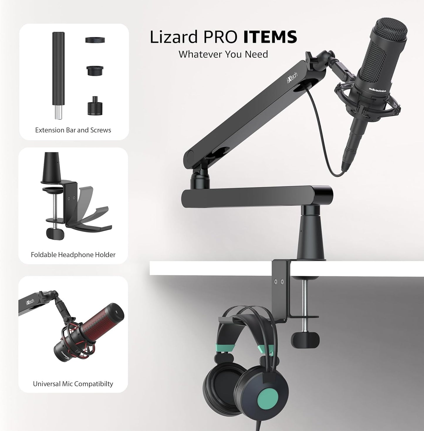 IXTECH - Mic Boom Arm Stand LP Microphone Stand Low Profile Microphone Arm Adjustable for Blue Yeti Shure Sm7B Hyperx Quadcast Rode Fifine, Mic Arm for Gaming Podcasting Lizard Pro - Serious Techies