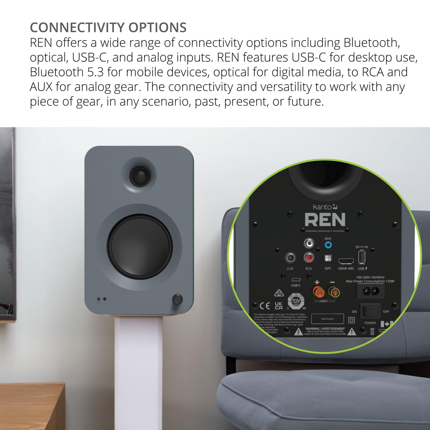 Kanto - REN GREY Bluetooth Powered Bookshelf Speakers - Matte Grey Pair with a SUB8VMB Sealed Powered 8" Subwoofer - Vinyl Black (2024) - Serious Techies