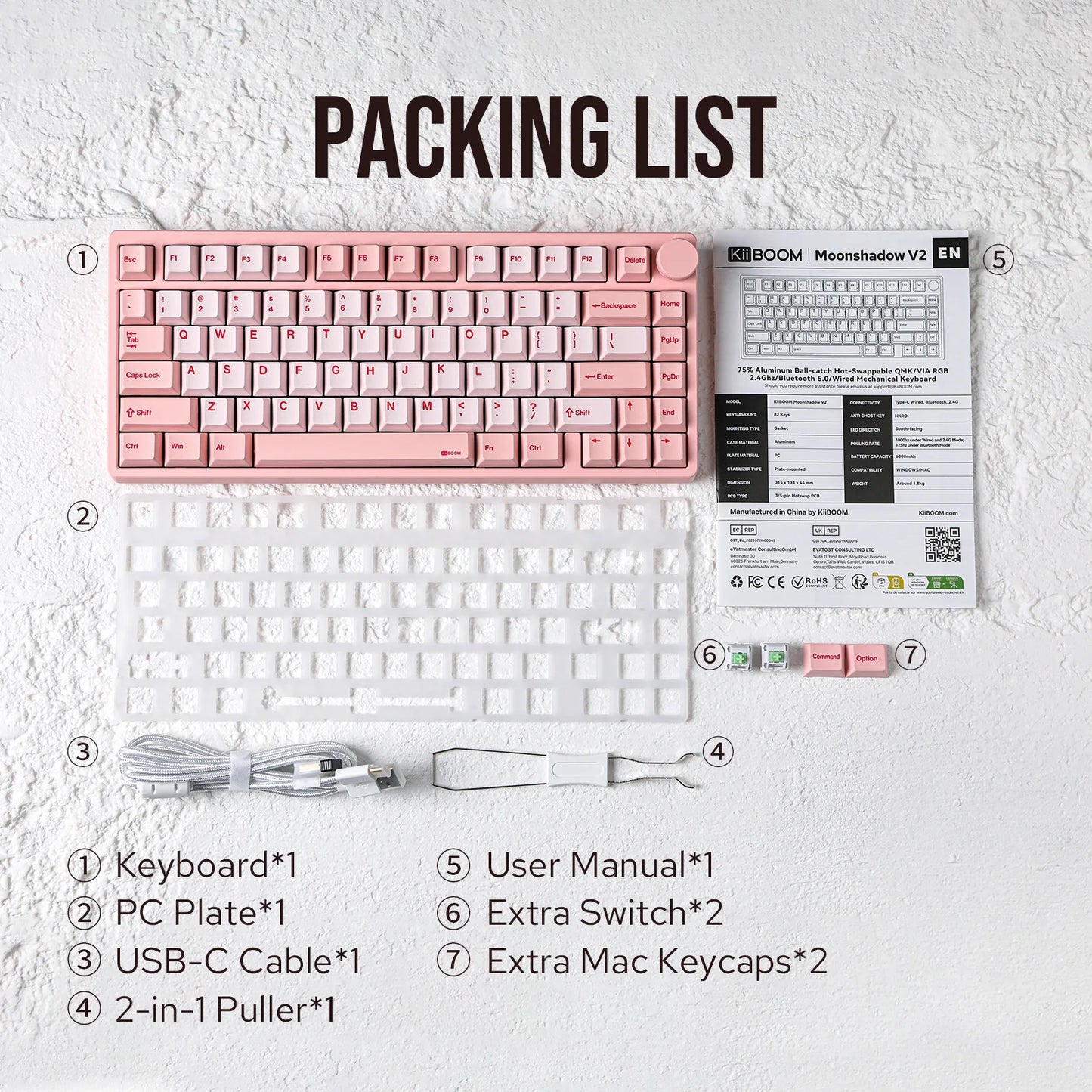 KiiBOOM - Moonshadow V2 V2 75% QMK&VIA Wired Usb-C/Bt5.0/2.4Ghz Wireless Hot-Swap Aluminum Mechanical Gaming Keyboard with FR4 Plate