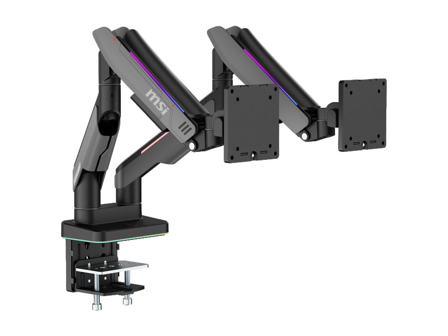 MSI - MPG MT201DR - Premium RGB Dual Monitor Stand Arms, 17-35" Support, VESA Compatible, Adjustable Heavy Duty Gas Spring Mount, 44 Lbs per Screen Capacity, Clamp & Grommet, Quick Release Plate - Gray - Serious Techies