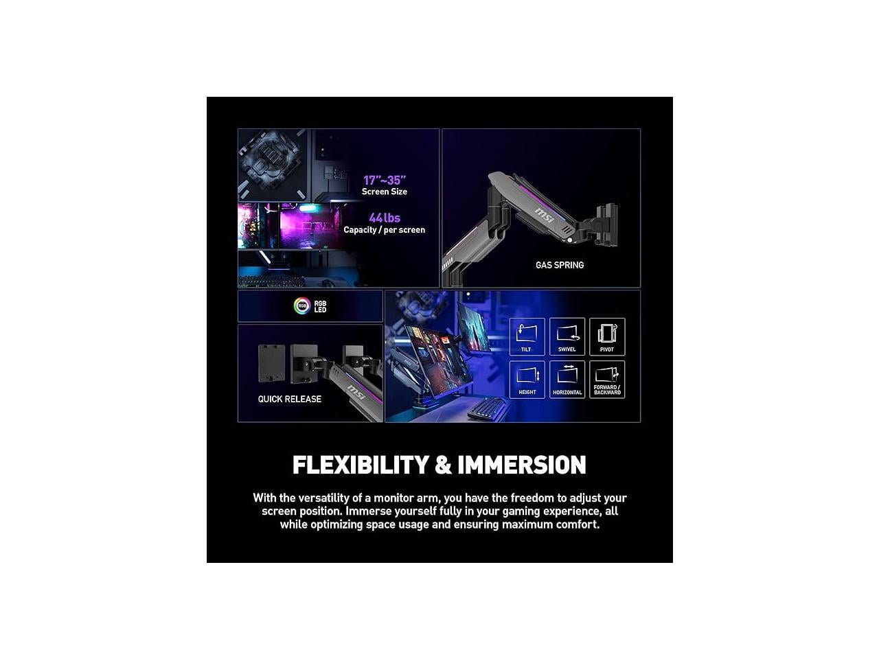MSI - MPG MT201DR - Premium RGB Dual Monitor Stand Arms, 17-35" Support, VESA Compatible, Adjustable Heavy Duty Gas Spring Mount, 44 Lbs per Screen Capacity, Clamp & Grommet, Quick Release Plate - Gray - Serious Techies