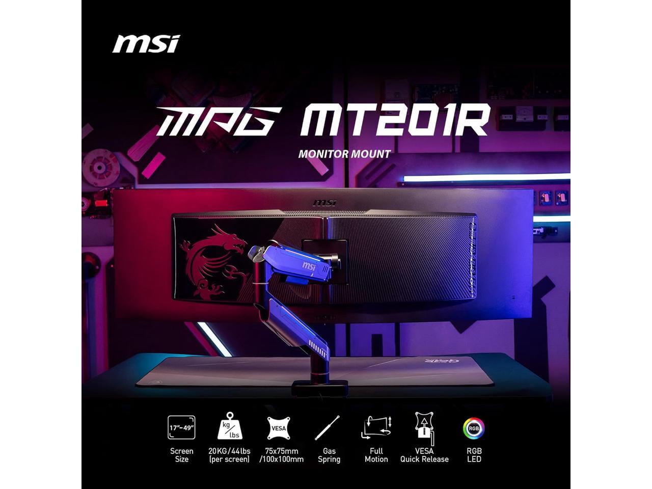 MSI - MPG MT201R - Premium RGB Single Monitor Stand Arm, Supports 17-49" Screens and 44 Lbs, VESA Compatible, Adjustable Heavy Duty Gas Spring Mount, Clamp & Grommet, Quick Release Plate - Gray - Serious Techies