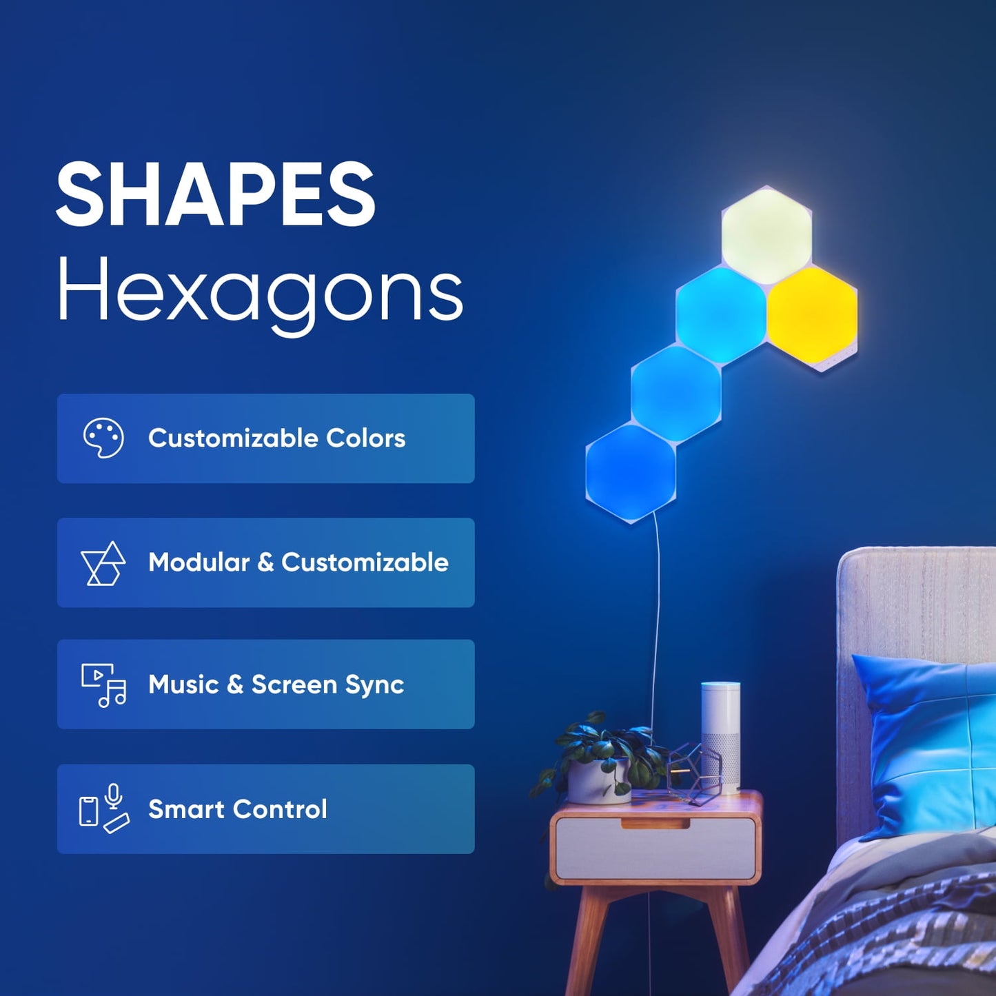 Nanoleaf - Shapes Hexagons Smarter Kit (5 Panels) – Modular Wall Light Panels for Indoor Use, Modern Home Decor Style - Serious Techies