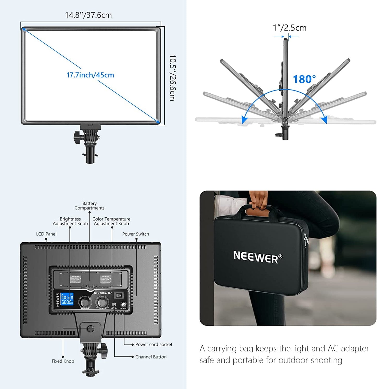 Neewer - NL288 LED Video Light with 2.4G Remote, 45W 4800Lux 3200K-5600K CRI 97+ Dimmable Bi-Color 18" Soft Light Panel for Photography Youtube Live Stream Game Zoom Meeting(Battery Not Included) - Serious Techies