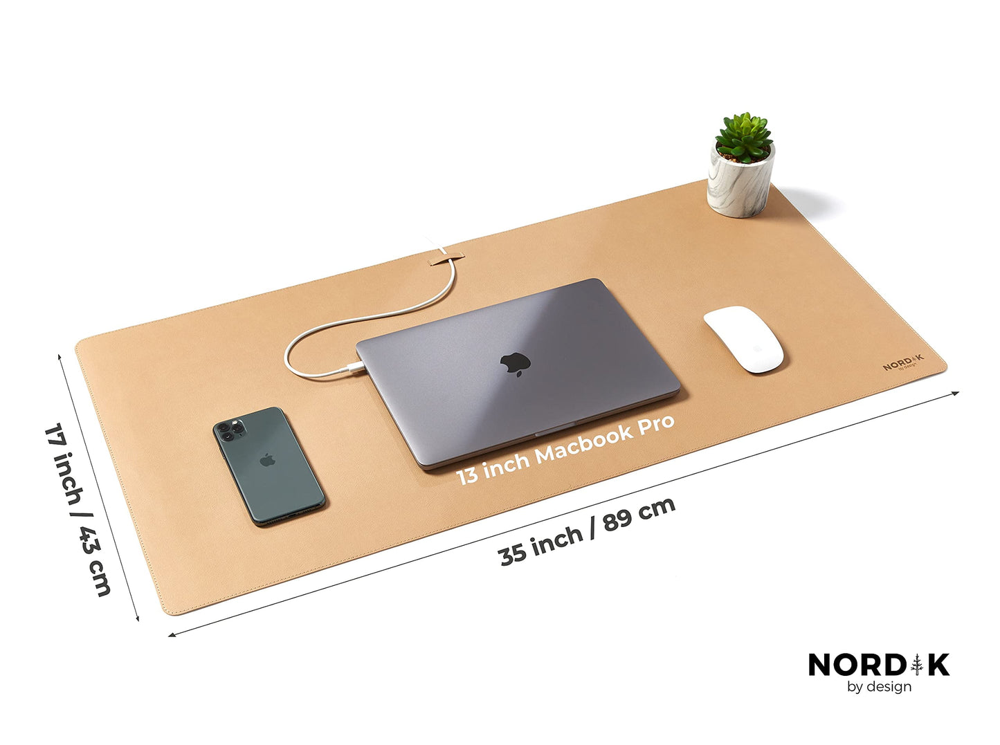 Nordik - Leather Desk Mat Cable Organizer - Champagne Beige 35 X 17 Inch - Premium Extended Mouse Mat for Home Office Accessories - Non-Slip Vegan Leather Desk Pad Protector - Serious Techies