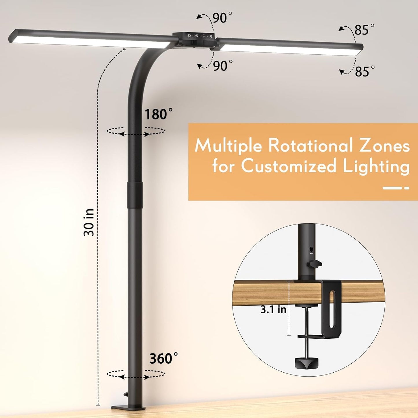 Quntis - LED Desk Lamp for Home Office, 24W Ultra Wide Double Head Architect Desk Lamp with 25 Lighting Modes, 30.7'' Adjustable Gooseneck Monitor Light for Work Office, Gray - Serious Techies