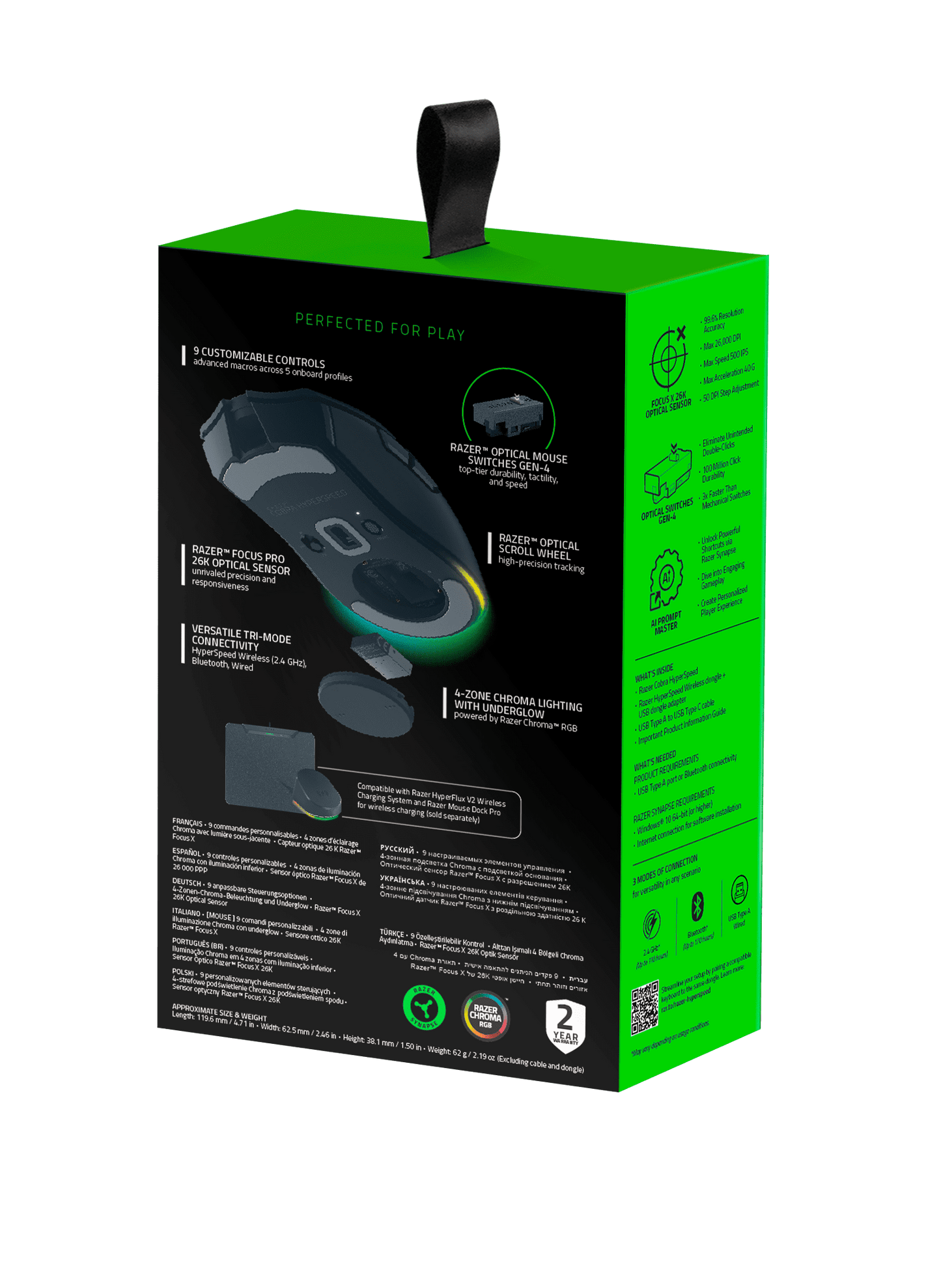 Cobra Hyperspeed - Lightweight Customizable Wireless PC Gaming Mouse, 2.4Ghz, Bluetooth, 62G, Black - Serious Techies