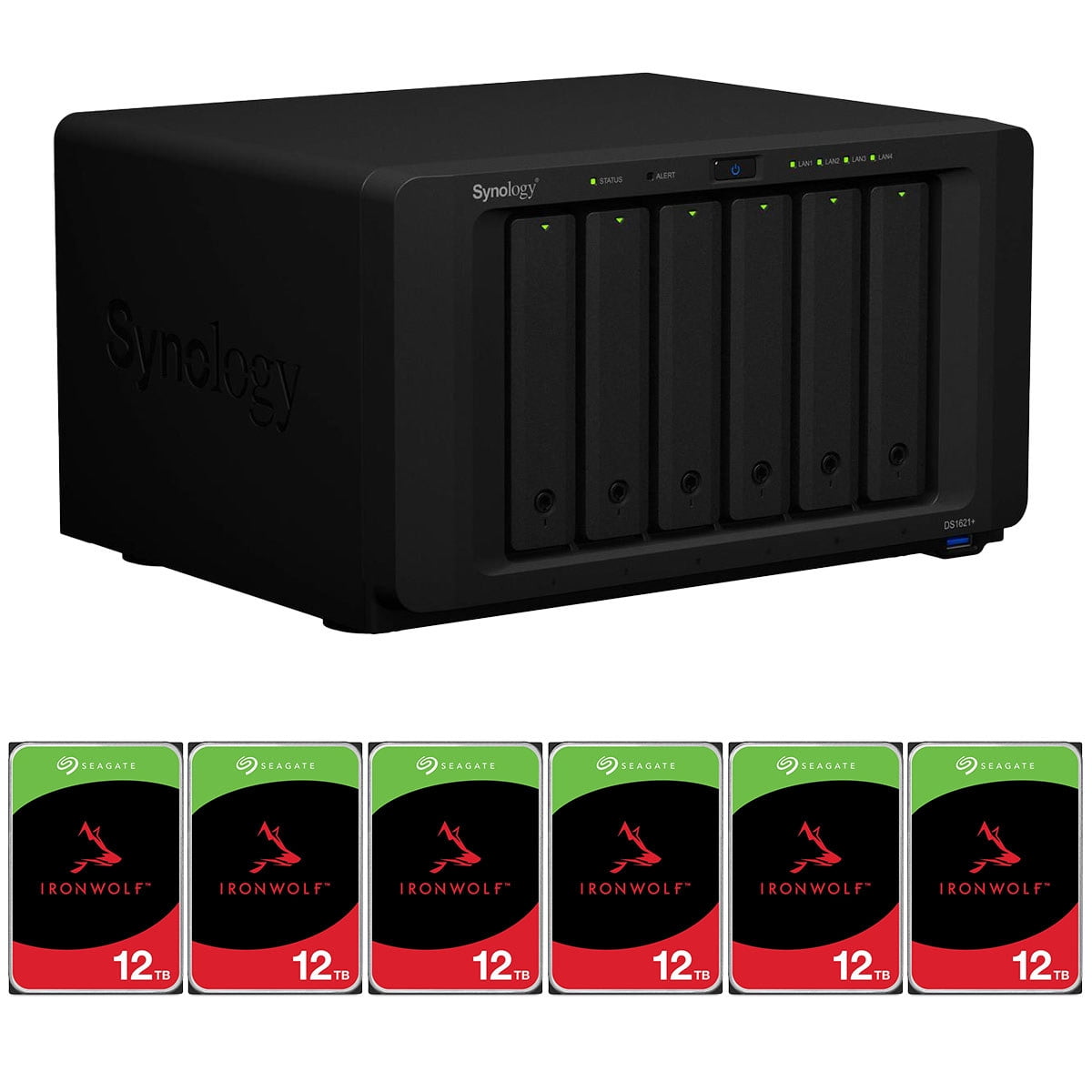 Synology - DiskStation DS1621+ 6-Bay NAS Enclosure, 4-Core 2.2Ghz, 4GB RAM, No HDD Bundle with Ironwolf 12TB SATA III 3.5" Internal NAS Hard Drive, 7200 RPM - Serious Techies