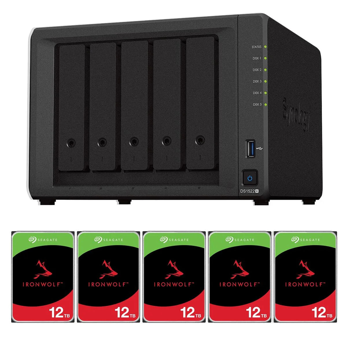 Synology - DS1522+ 5-Bay NAS Enclosure, Diskless with 5X Ironwolf 12TB SATA III 3.5" Internal NAS Hard Drive, 7200 RPM - Serious Techies
