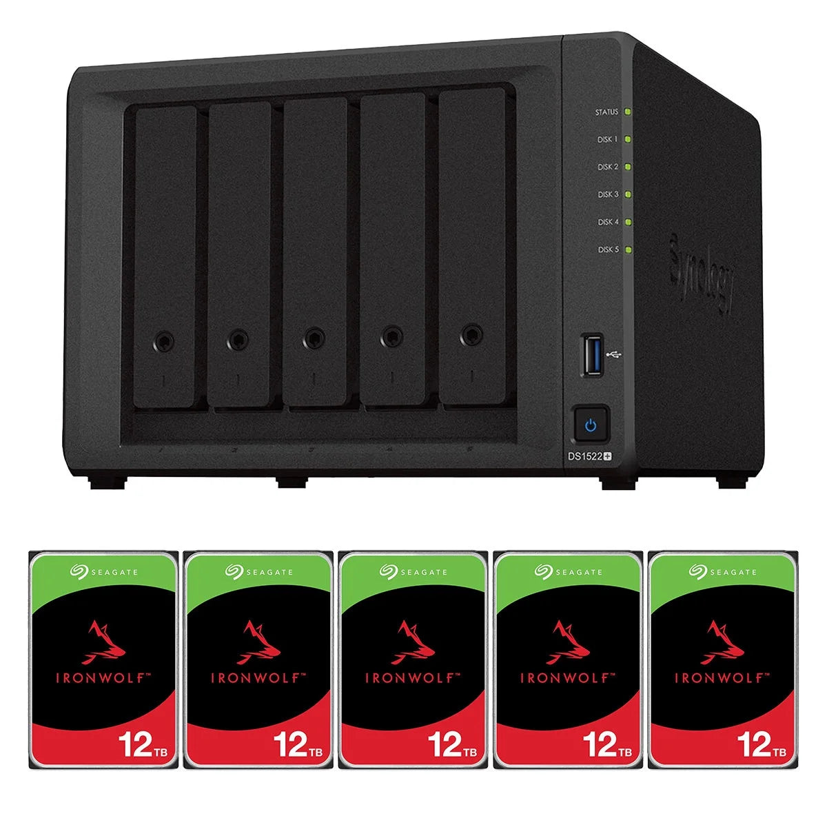 Synology - DS1522+ 5-Bay NAS Enclosure, Diskless with 5X Ironwolf 12TB SATA III 3.5" Internal NAS Hard Drive, 7200 RPM - Serious Techies