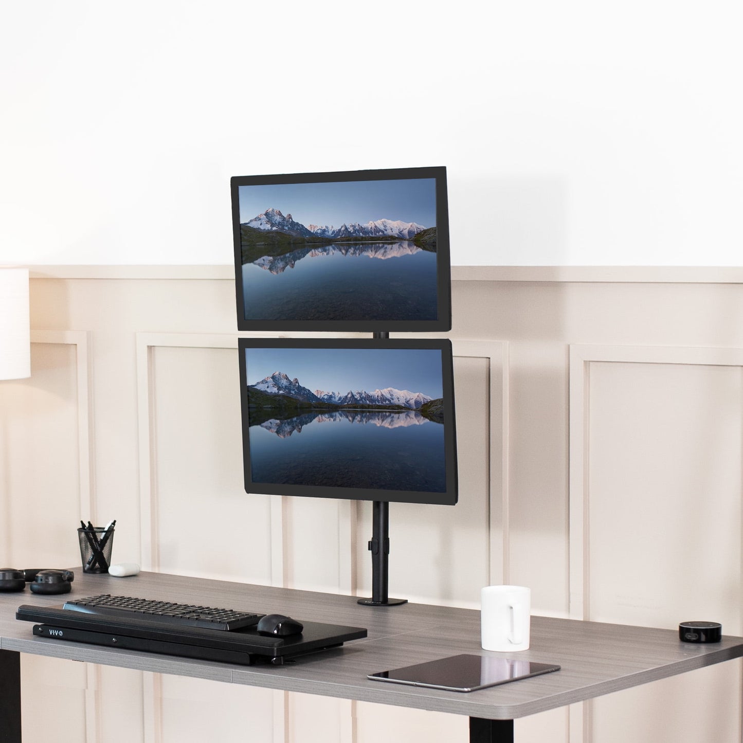 VIVO - Black Dual LCD Monitor Desk Mount Stand, Stacked Vertical 2 Screens up to 34" - Serious Techies