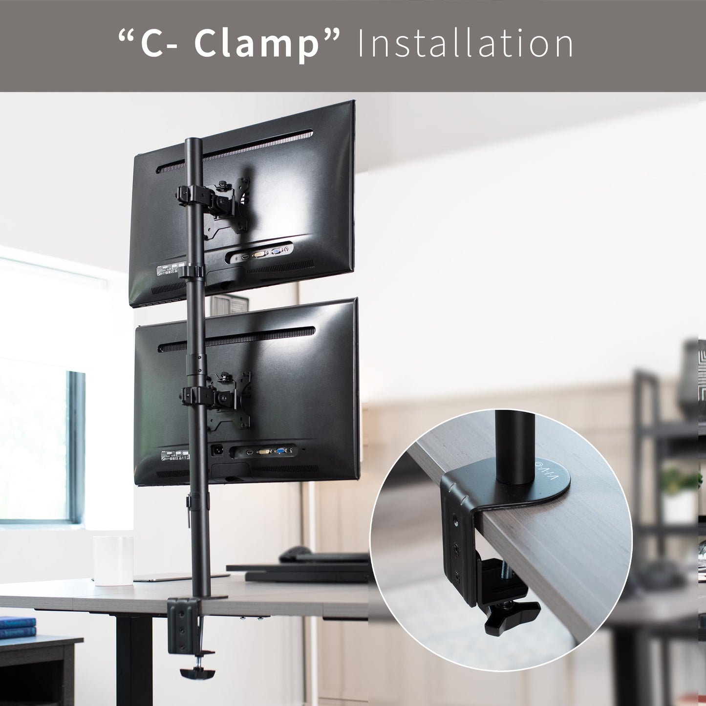 VIVO - Black Dual LCD Monitor Desk Mount Stand, Stacked Vertical 2 Screens up to 34" - Serious Techies