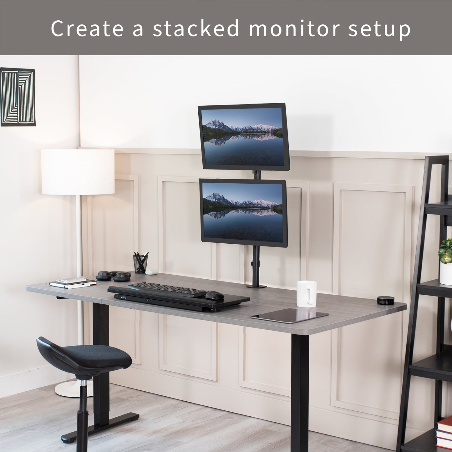 VIVO - Black Dual LCD Monitor Desk Mount Stand, Stacked Vertical 2 Screens up to 34" - Serious Techies