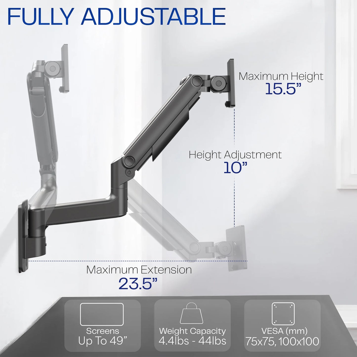 VIVO - Tension Arm Single Monitor Wall Mount, Fits Ultrawide Screens up to 49" - Serious Techies
