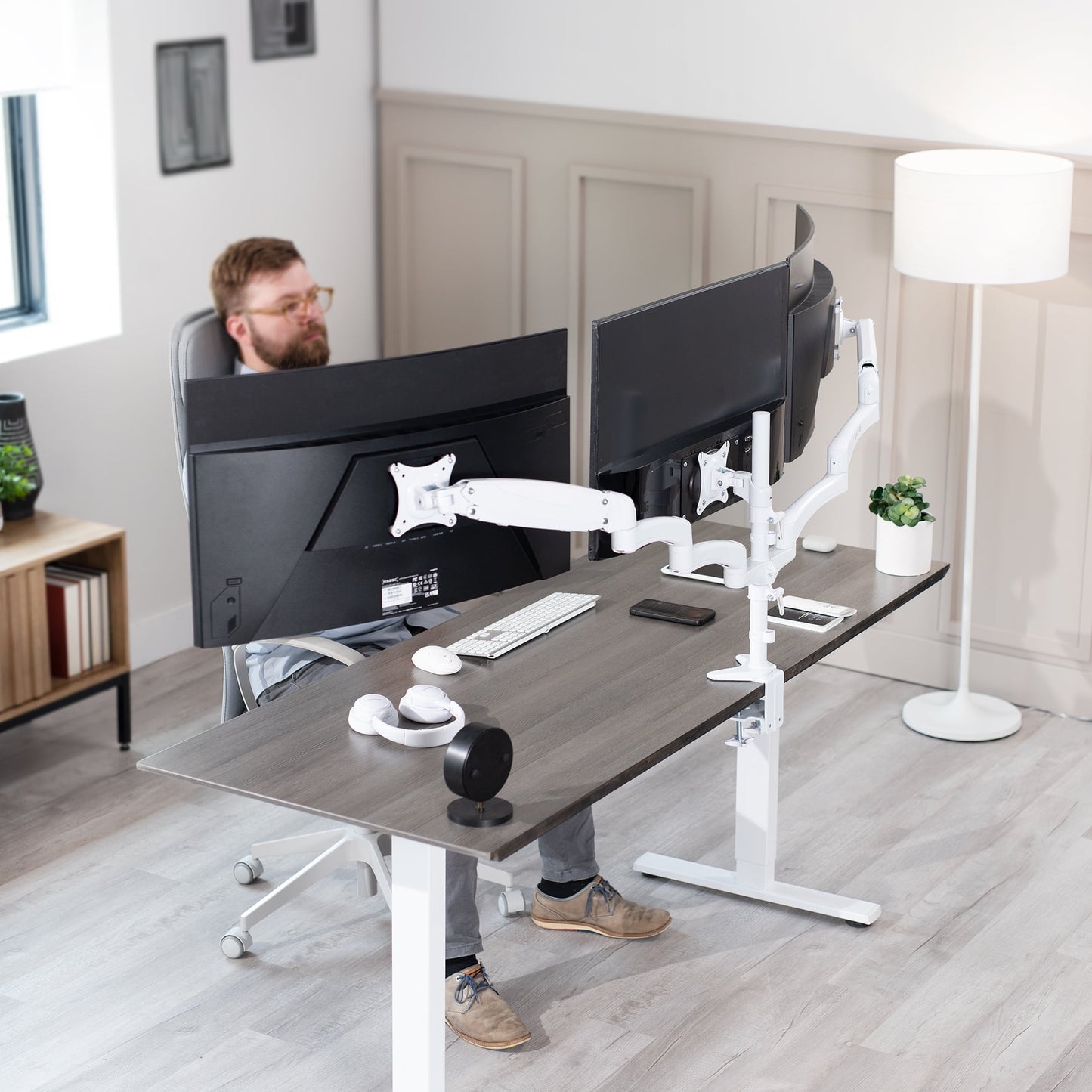 VIVO - White Triple Monitor Mount, 2 Pneumatic Arms + 1 Fixed, 3 Screens up to 32" - Serious Techies