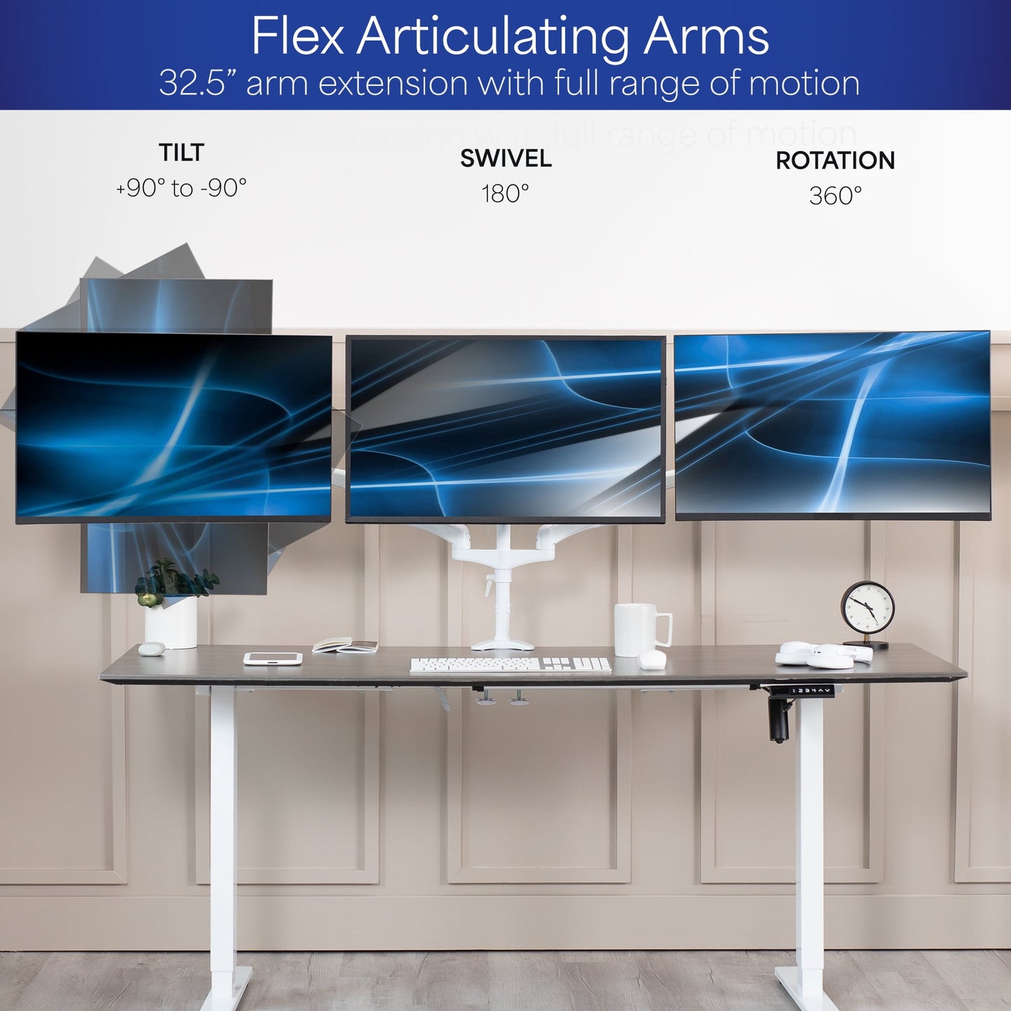 VIVO - White Triple Monitor Mount, 2 Pneumatic Arms + 1 Fixed, 3 Screens up to 32" - Serious Techies
