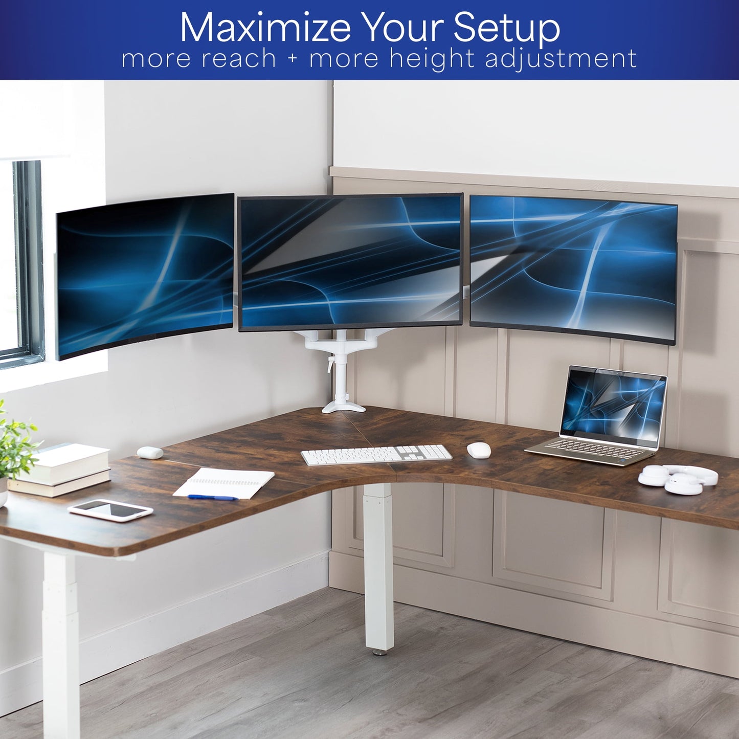 VIVO - White Triple Monitor Mount, 2 Pneumatic Arms + 1 Fixed, 3 Screens up to 32" - Serious Techies