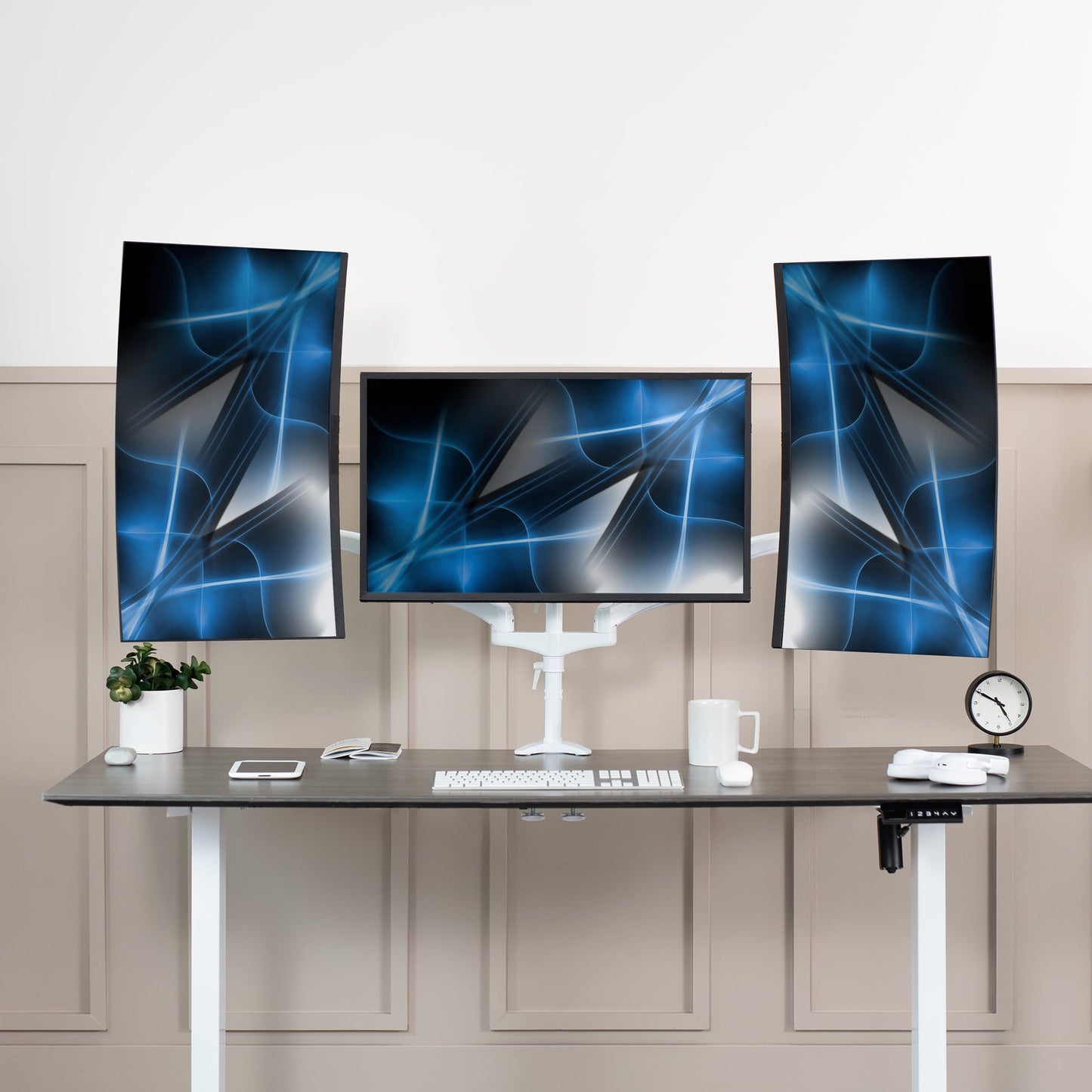 VIVO - White Triple Monitor Mount, 2 Pneumatic Arms + 1 Fixed, 3 Screens up to 32" - Serious Techies