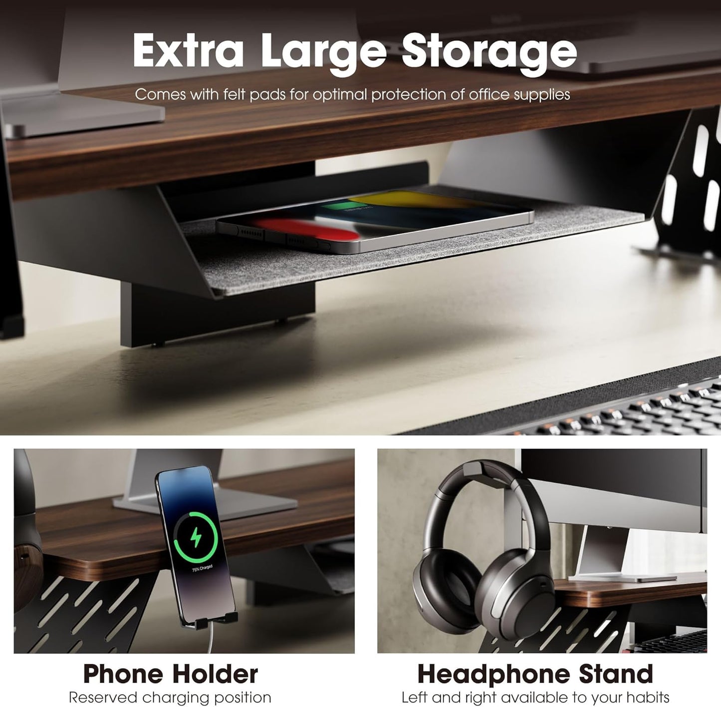 Dual Monitor Stand, 42.5 Inch Monitor Riser for Desk, Wood Desk Shelf for 2 Monitors, 2 Tier Monitor Shelf with Headphone Stand & Phone Holder