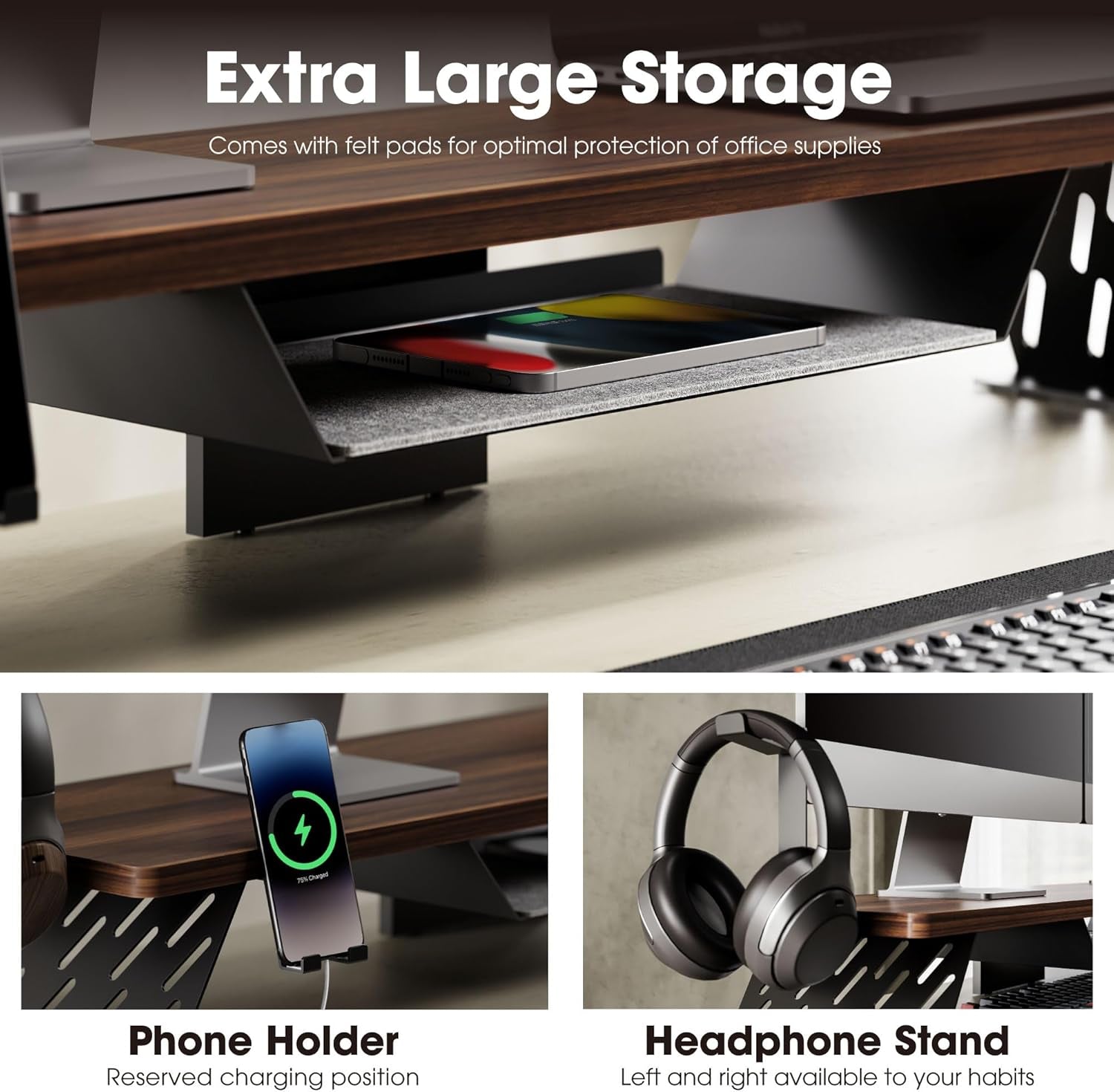 Dual Monitor Stand, 42.5 Inch Monitor Riser for Desk, Wood Desk Shelf for 2 Monitors, 2 Tier Monitor Shelf with Headphone Stand & Phone Holder