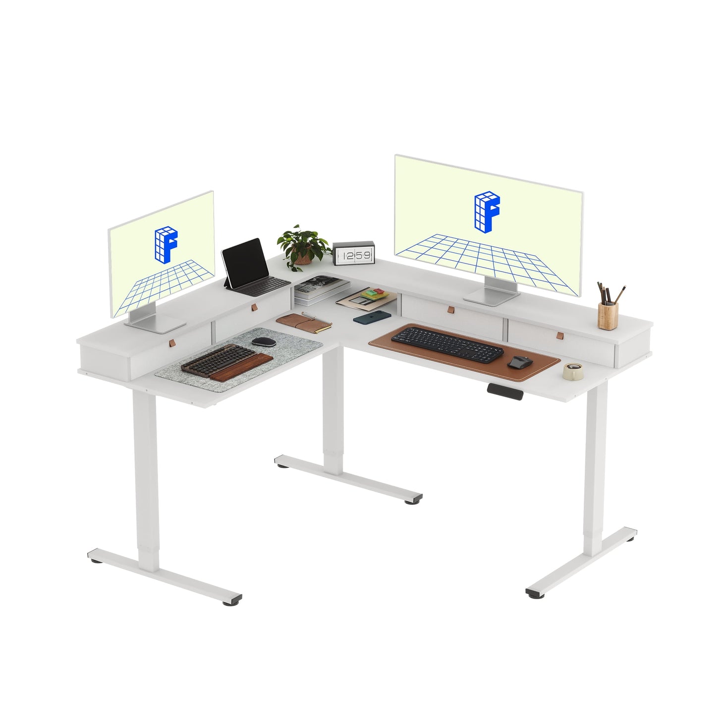 FLEXISPOT - 63 Inch L Shaped Standing Desk with Drawers and Shelf, Electric Adjustable Workstation with USB Charging for Home Office, White Top and Frame - Serious Techies