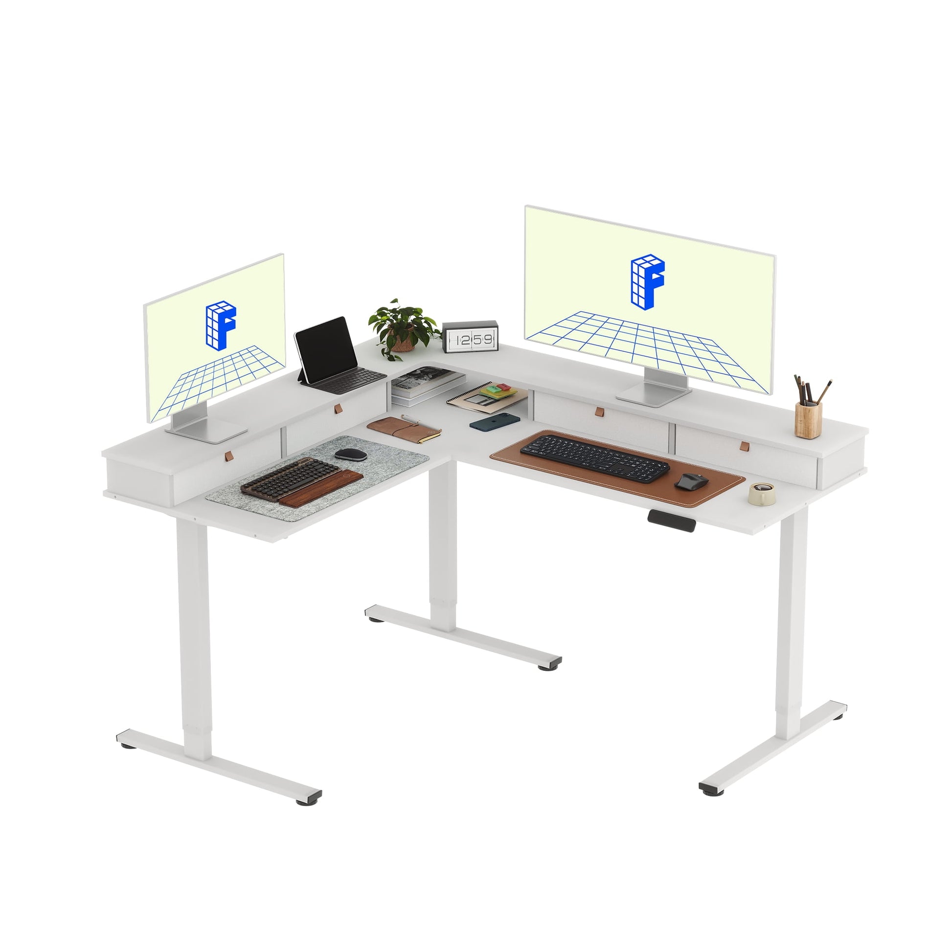 FLEXISPOT - 63 Inch L Shaped Standing Desk with Drawers and Shelf, Electric Adjustable Workstation with USB Charging for Home Office, White Top and Frame - Serious Techies