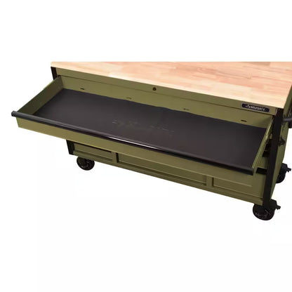 Husky - Heavy Duty 61 In. W X 23 In. D 15-Drawer Matte Army Green Mobile Workbench Cabinet with Solid Wood Top - Serious Techies