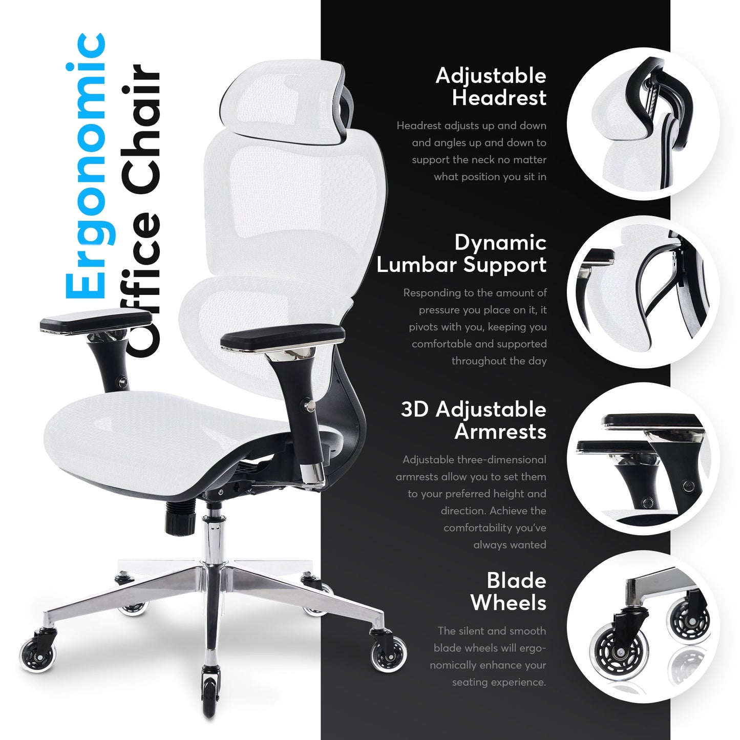 Oline - ErgoPro Ergonomic Office Chair - Rolling Desk Chair with 4D Adjustable Armrest, 3D Lumbar Support and Blade Wheels - Mesh Computer Chair, Gaming Chairs, Executive Swivel Chair (White) - Serious Techies