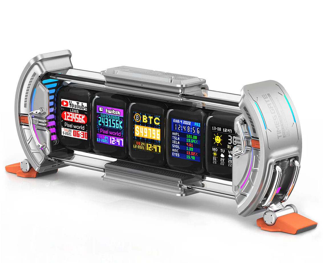 Divoom - Times Gate - Cyberpunk Gaming Setup Digital Alarm Clock, Smart APP, Wifi Connect, RGB LED Display, Personalized Financial & Bitcoin Dashboard, Pixel Art for Gaming Room & Office Decor, Silver - Serious Techies