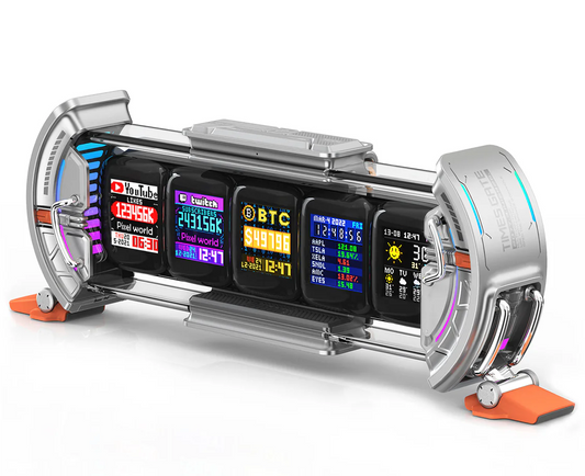 Divoom - Times Gate - Cyberpunk Gaming Setup Digital Alarm Clock, Smart APP, Wifi Connect, RGB LED Display, Personalized Financial & Bitcoin Dashboard, Pixel Art for Gaming Room & Office Decor, Silver - Serious Techies