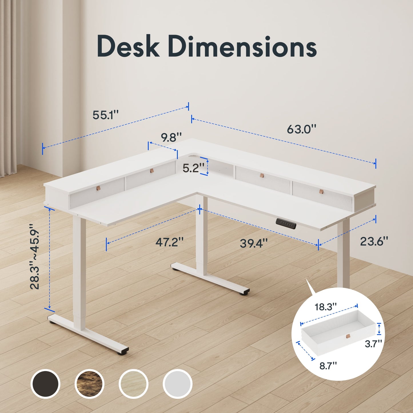 FLEXISPOT - 63 Inch L Shaped Standing Desk with Drawers and Shelf, Electric Adjustable Workstation with USB Charging for Home Office, White Top and Frame - Serious Techies