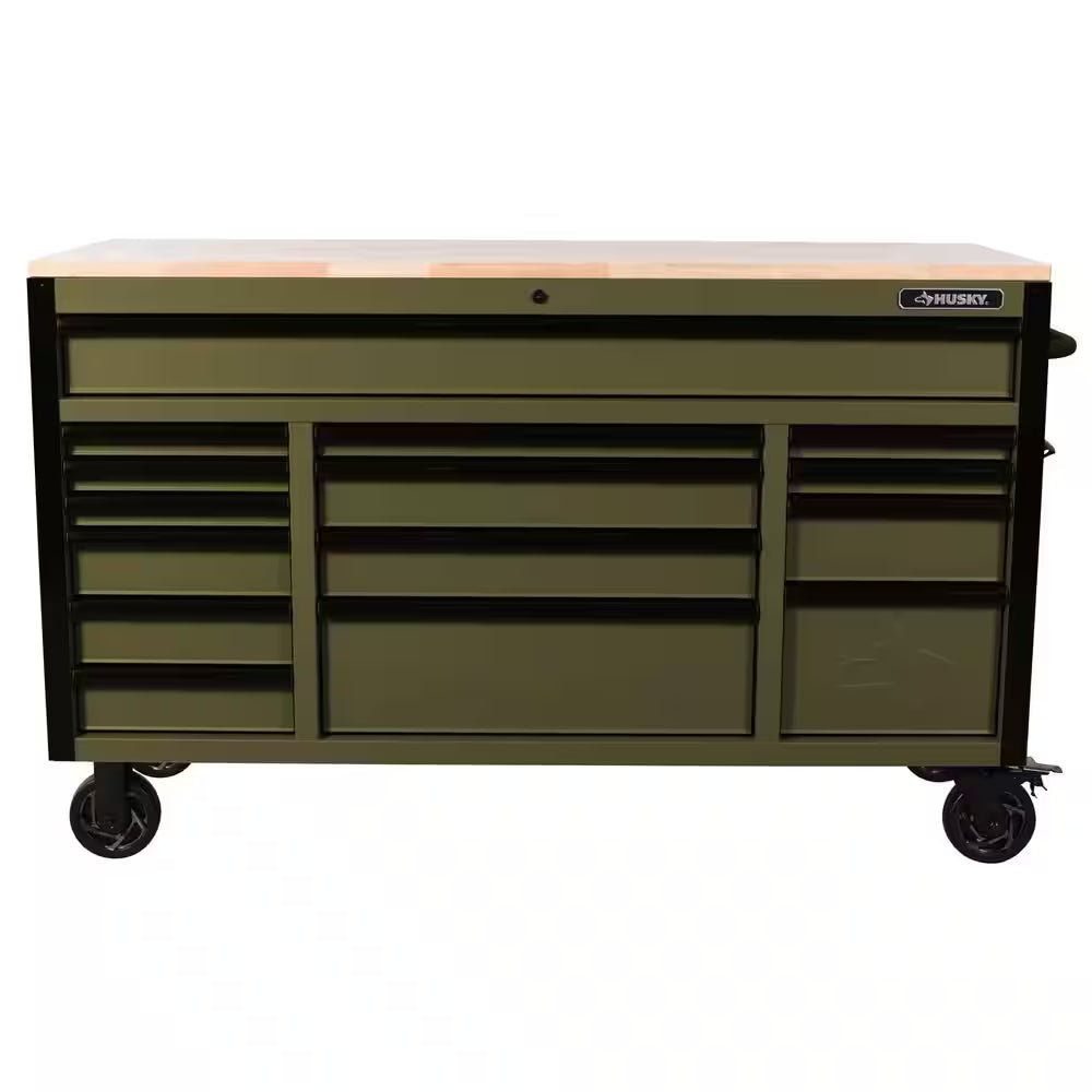 Husky - Heavy Duty 61 In. W X 23 In. D 15-Drawer Matte Army Green Mobile Workbench Cabinet with Solid Wood Top - Serious Techies