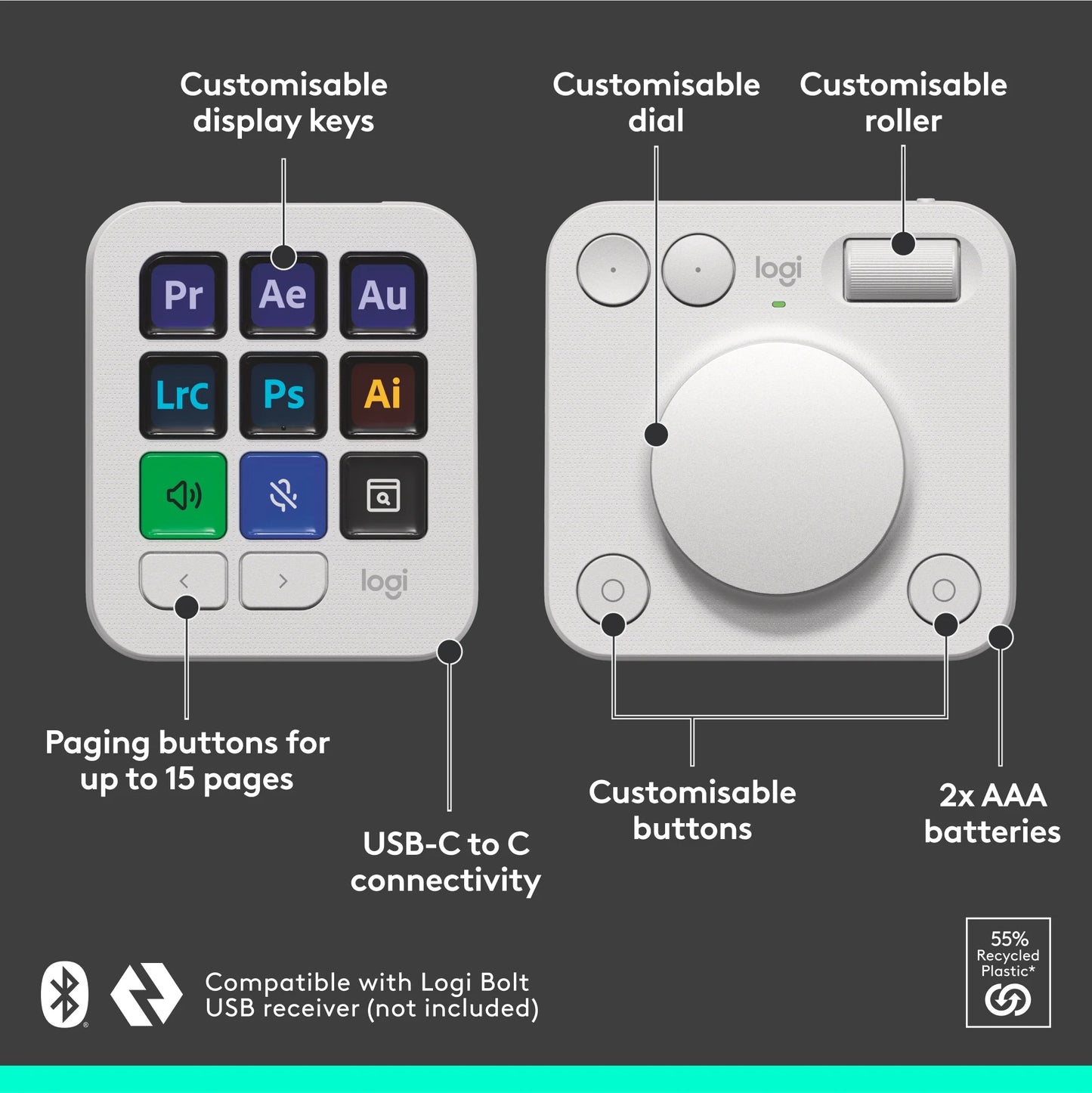 Logitech - MX Creative Console, Programmable Keypad with 9 Customizable LCD Keys and Control Dial for Graphic Design, Video Editing, Photography, Use with Adobe, Zoom, Spotify and More, Off-White - Serious Techies