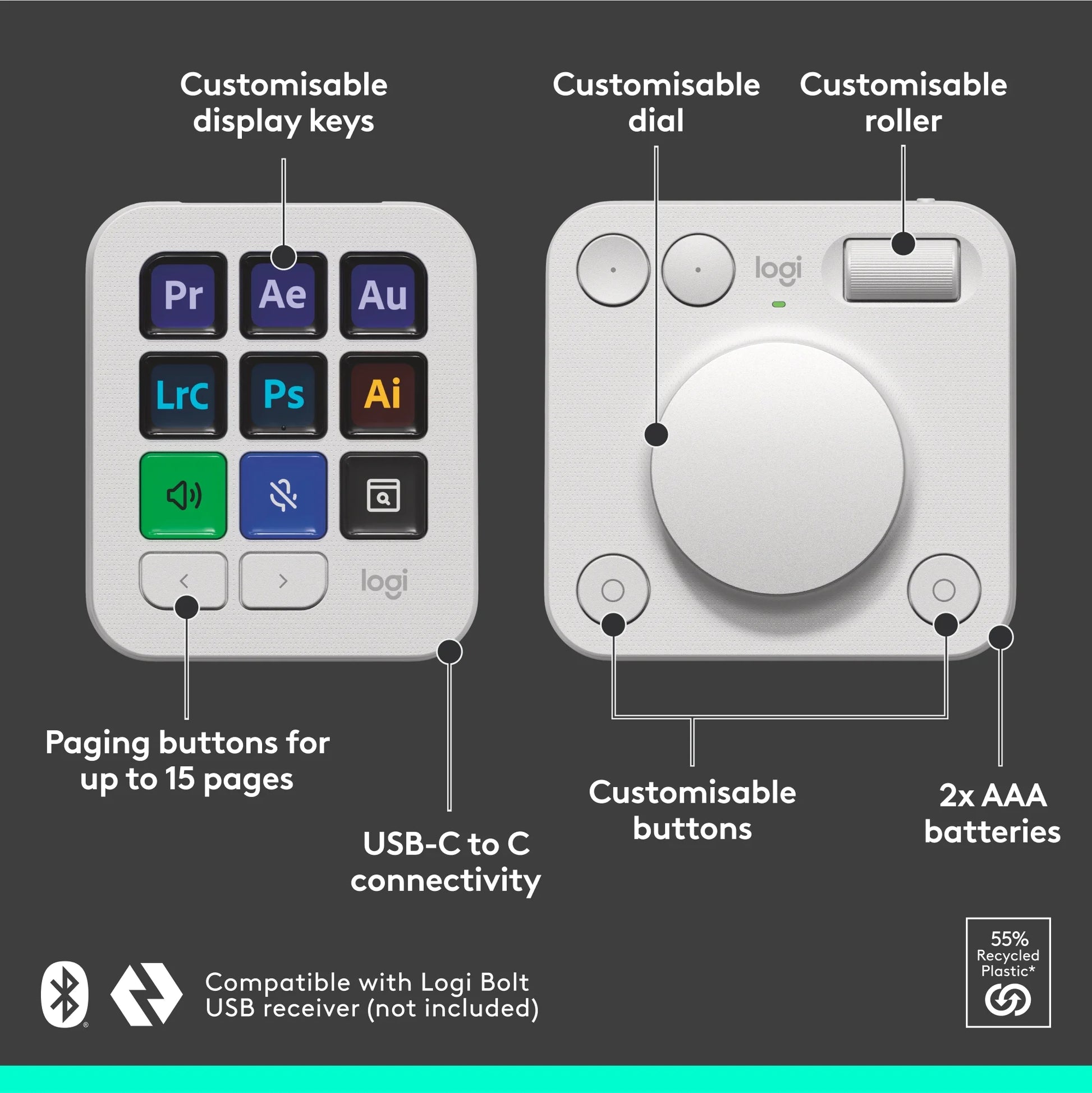 Logitech - MX Creative Console, Programmable Keypad with 9 Customizable LCD Keys and Control Dial for Graphic Design, Video Editing, Photography, Use with Adobe, Zoom, Spotify and More, Off-White - Serious Techies