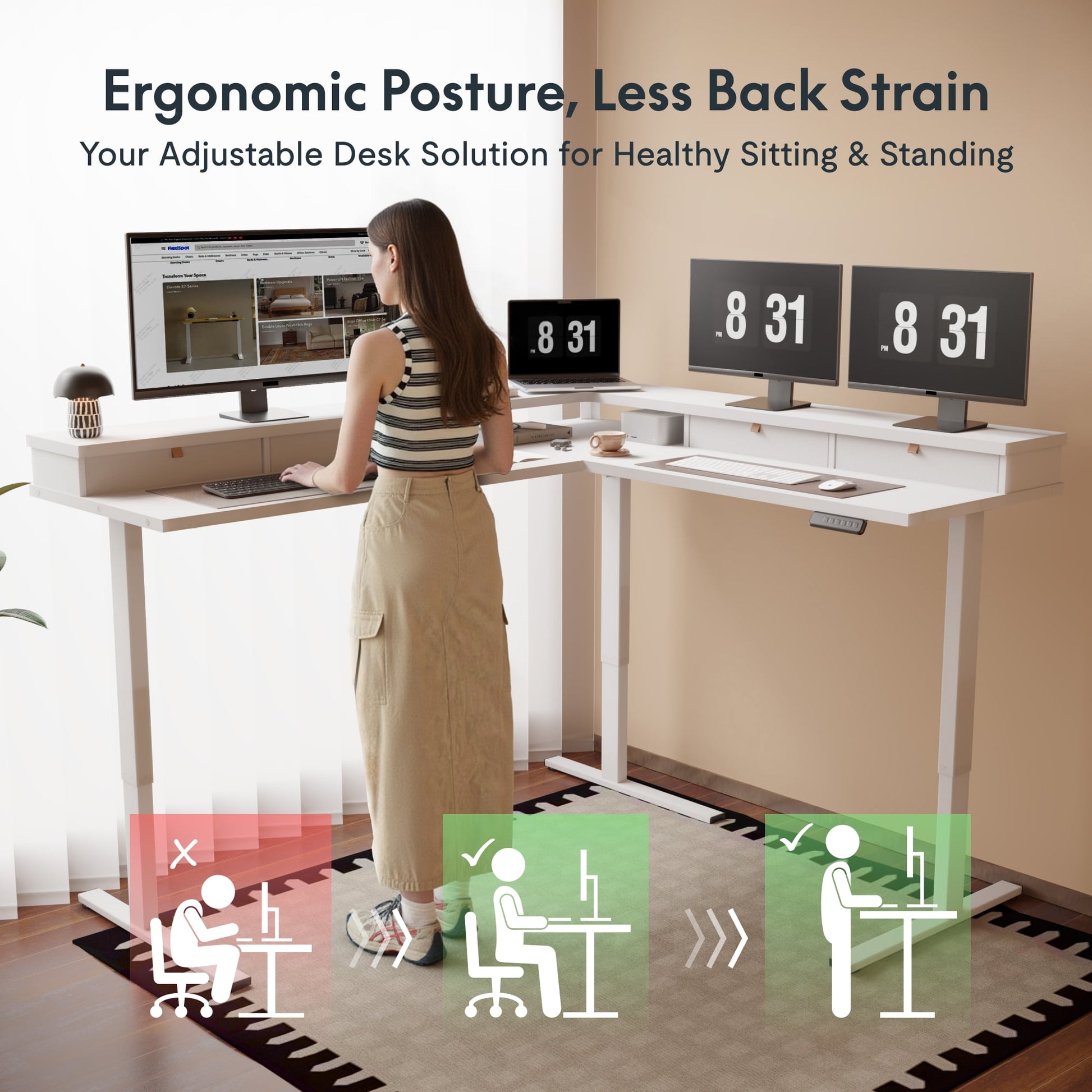 FLEXISPOT - 63 Inch L Shaped Standing Desk with Drawers and Shelf, Electric Adjustable Workstation with USB Charging for Home Office, White Top and Frame - Serious Techies