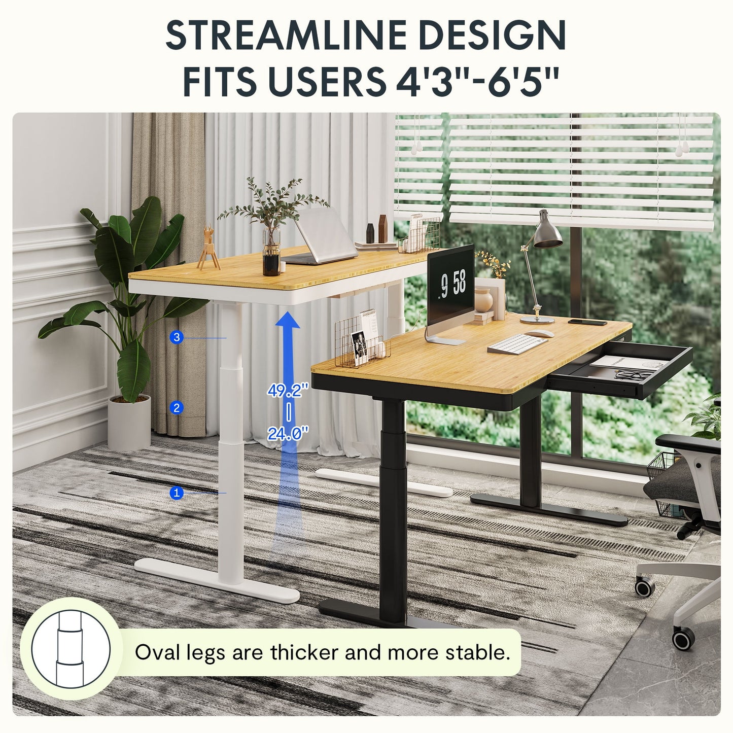FLEXISPOT - 55"X28" Wireless Charging Dual Motors Standing Desk with Drawers, Black and Bamboo Top Height Adjustable Desk with Cable Management Tray - Serious Techies