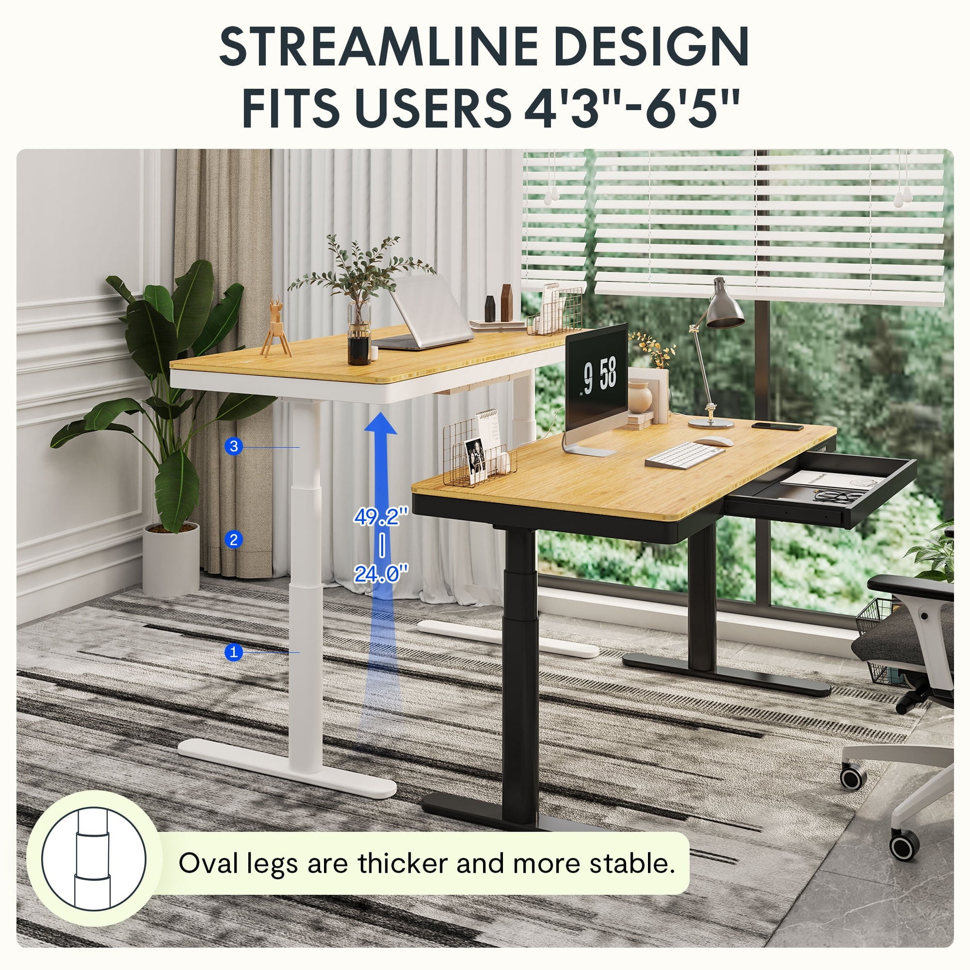 FLEXISPOT - 55"X28" Wireless Charging Dual Motors Standing Desk with Drawers, Black and Bamboo Top Height Adjustable Desk with Cable Management Tray - Serious Techies