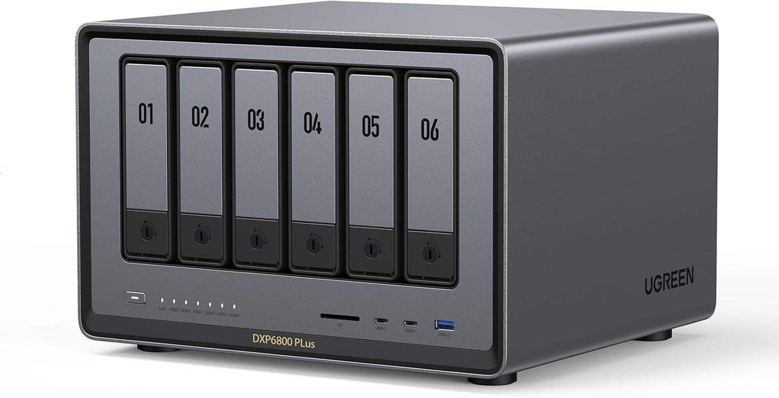 UGREEN - NASync DXP6800 plus 6-Bay Desktop NAS, Intel I3 1215U 6-Core CPU, 8GB DDR5 RAM, 128G SSD, 1X 10Gbe and 1X 2.5Gbe LAN Port, 2X M.2 Nvme Slots, 4K HDMI, Network Attached Storage (Diskless) - Serious Techies