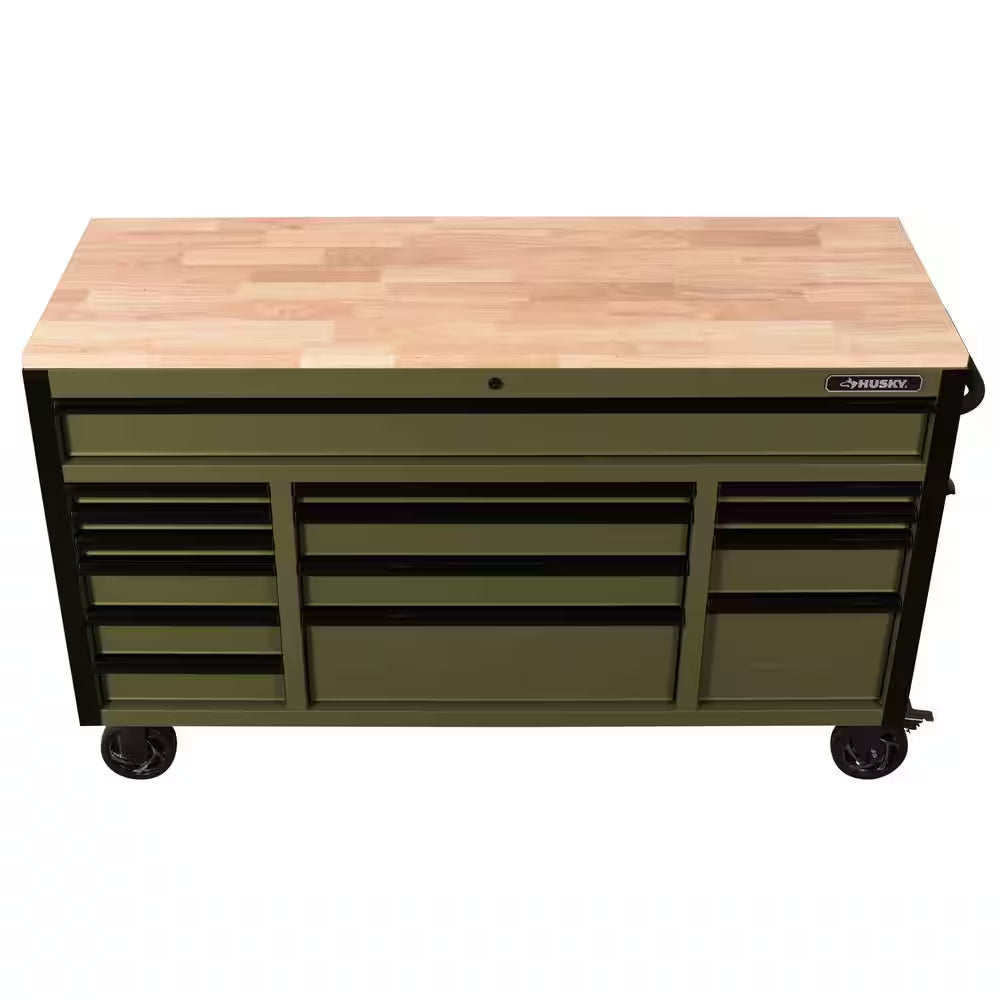 Husky - Heavy Duty 61 In. W X 23 In. D 15-Drawer Matte Army Green Mobile Workbench Cabinet with Solid Wood Top - Serious Techies