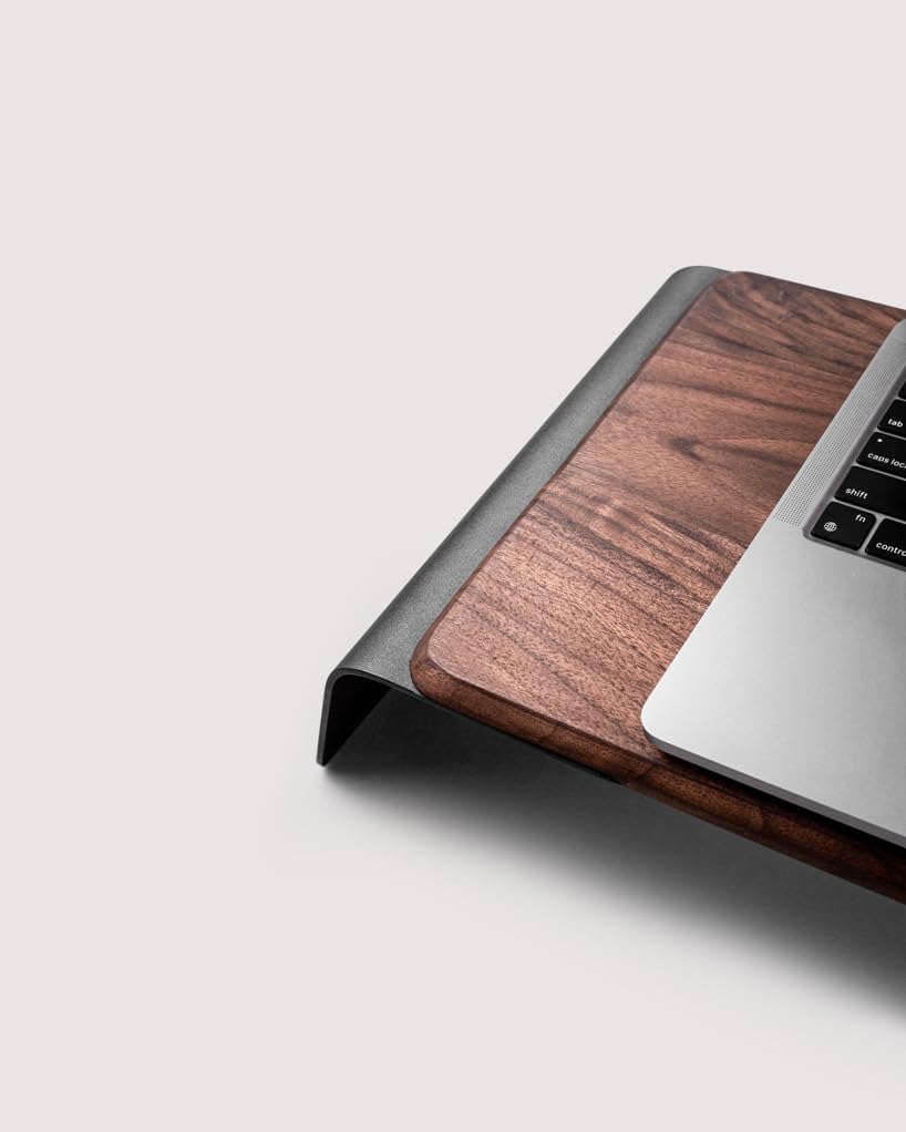 NOOE - Laptop Stand Desk Top Table Holder, 10 Degree Angled, 46.5 X 22.5 in Working Space, American Walnut Wood, Aluminum, Anthracite Finish - Serious Techies