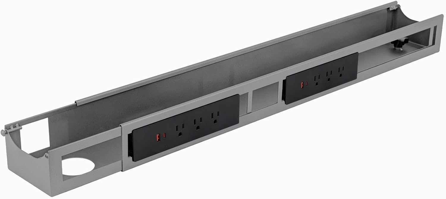 Desky - 6 Plugs Power Rail – Surge-Protected Desk Power Strip with USB Ports, Mountable under Desk Cable Organizer – Grey - Serious Techies