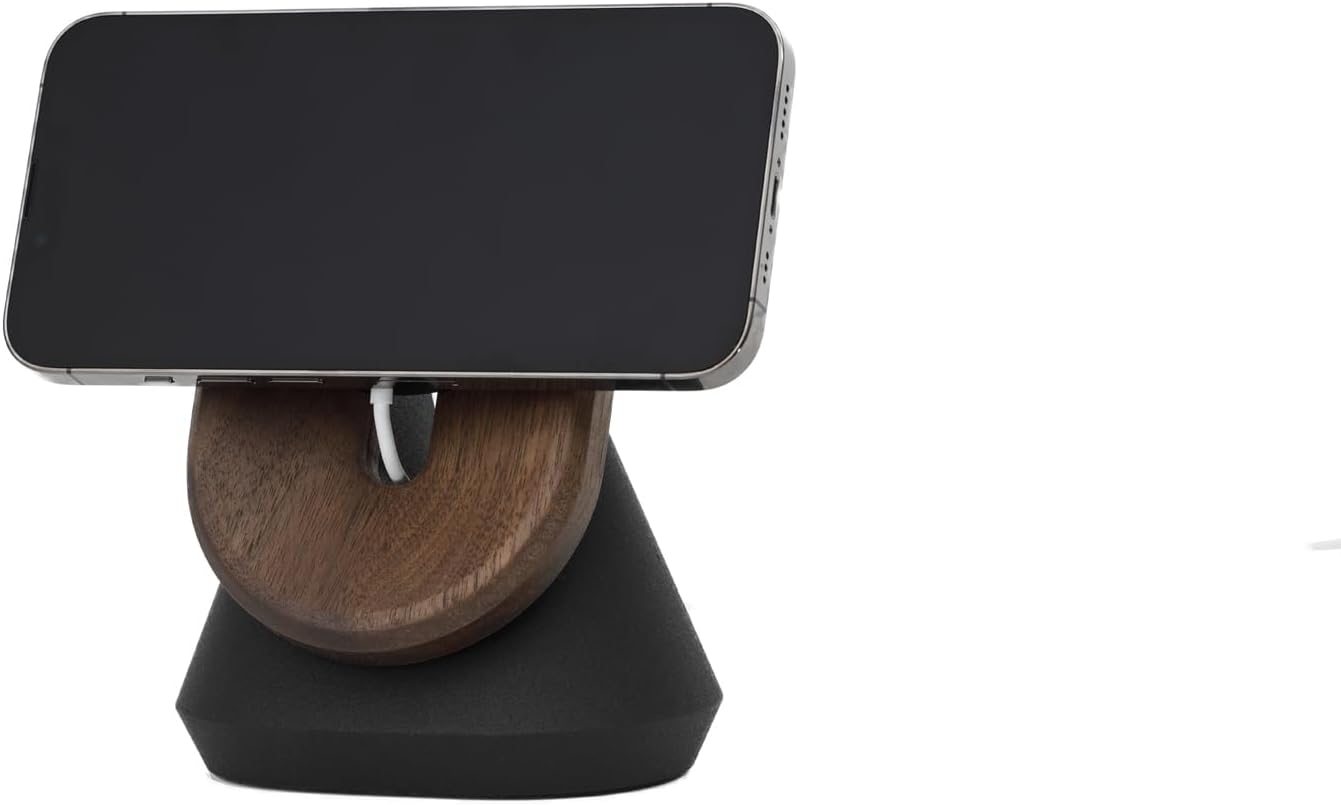 Oakywood - Phone Holder Desk - Phone Stand for Desk – Handcrafted Wooden Mobile Phone Stand & Holder – Compatible with Magsafe & Iphone 12–16 Models – 10.4X8.1X13.9Cm/4.1X3.2X5.5’ – Walnut - Serious Techies