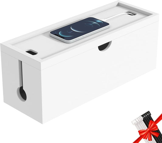 Bivvclaz - Bamboo Cable Management Box, Large Cord Organizer Box Cable Box to Hide Wires & Power Strips for Desktop Storage Cord Holder for Office Home,No Assembley Required (All White, Large) - Serious Techies